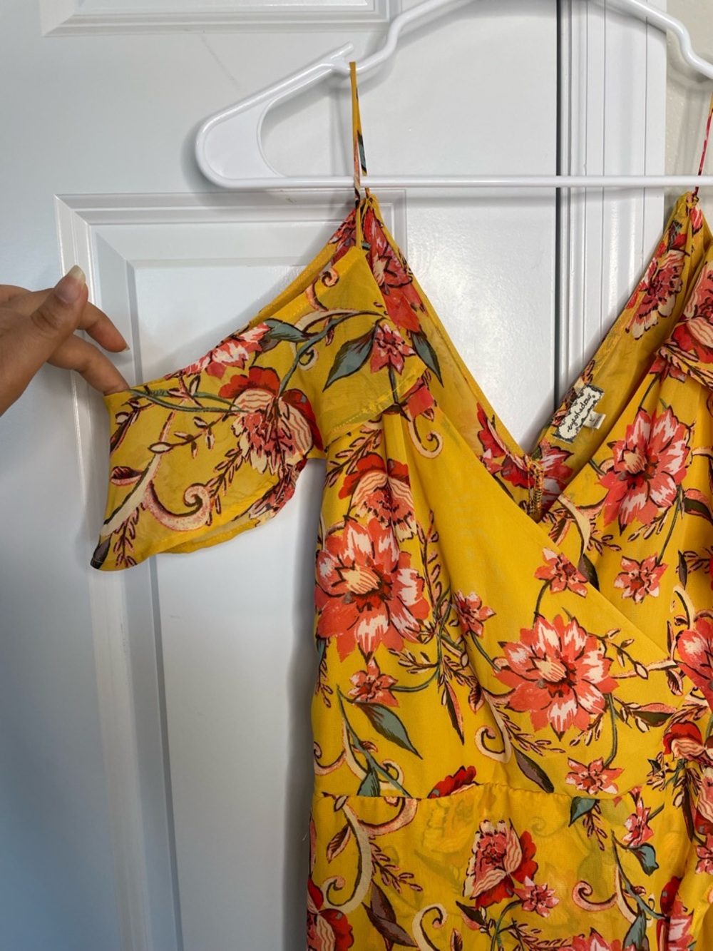 Eyeshadow Yellow Floral Wrap Midi Dress Cold Shoulder Ruffle Boho Cottagecore L - Picture 3 of 7